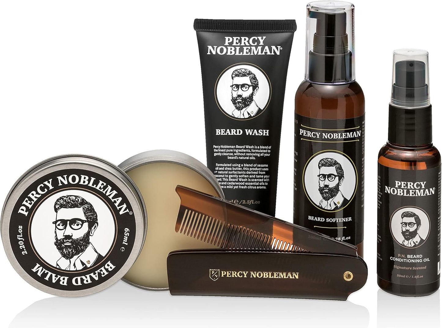 Percy Nobleman, Kit Complet De Soin Pour Barbe, Contenant Un Adoucissant Pour Barbe, Une Huile Parfumée Pour Barbe, Un Baume Pour Barbe, Un Shampoing Pour Barbe Et Un Peigne Pliable En Acétate