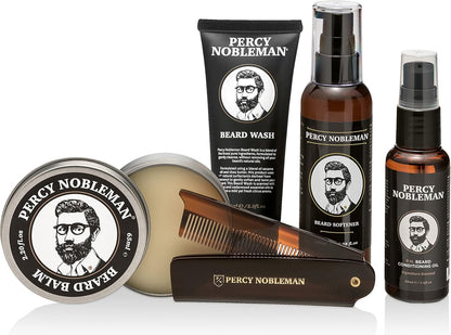 Percy Nobleman, Kit Complet De Soin Pour Barbe, Contenant Un Adoucissant Pour Barbe, Une Huile Parfumée Pour Barbe, Un Baume Pour Barbe, Un Shampoing Pour Barbe Et Un Peigne Pliable En Acétate
