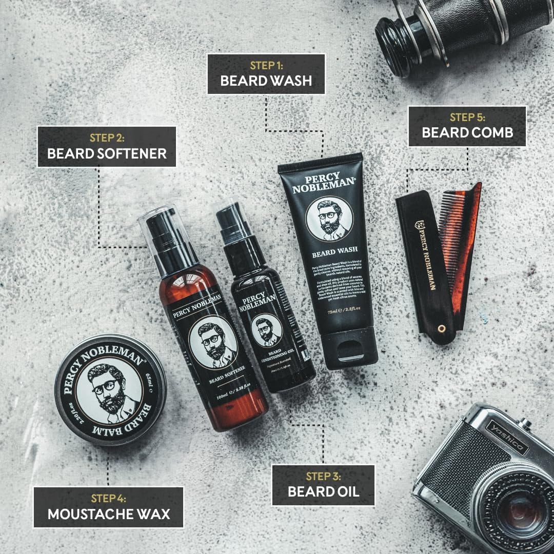 Percy Nobleman, Kit Complet De Soin Pour Barbe, Contenant Un Adoucissant Pour Barbe, Une Huile Parfumée Pour Barbe, Un Baume Pour Barbe, Un Shampoing Pour Barbe Et Un Peigne Pliable En Acétate
