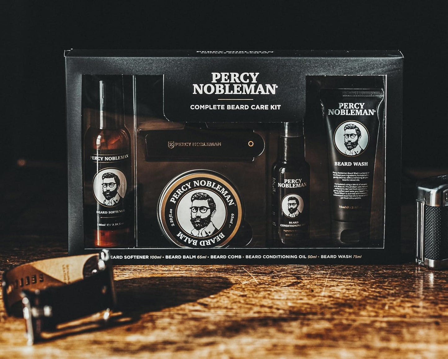 Percy Nobleman, Kit Complet De Soin Pour Barbe, Contenant Un Adoucissant Pour Barbe, Une Huile Parfumée Pour Barbe, Un Baume Pour Barbe, Un Shampoing Pour Barbe Et Un Peigne Pliable En Acétate