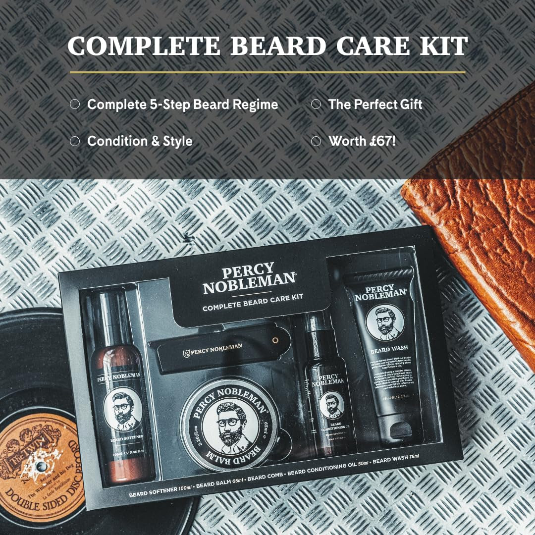 Percy Nobleman, Kit Complet De Soin Pour Barbe, Contenant Un Adoucissant Pour Barbe, Une Huile Parfumée Pour Barbe, Un Baume Pour Barbe, Un Shampoing Pour Barbe Et Un Peigne Pliable En Acétate